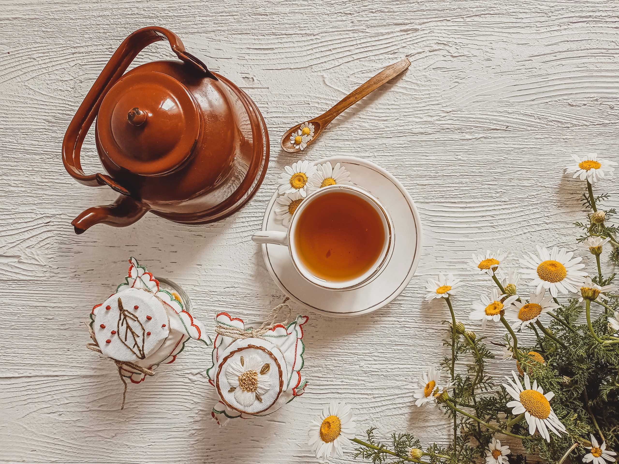 Camomile tea with teapot and freshly picked daisies.